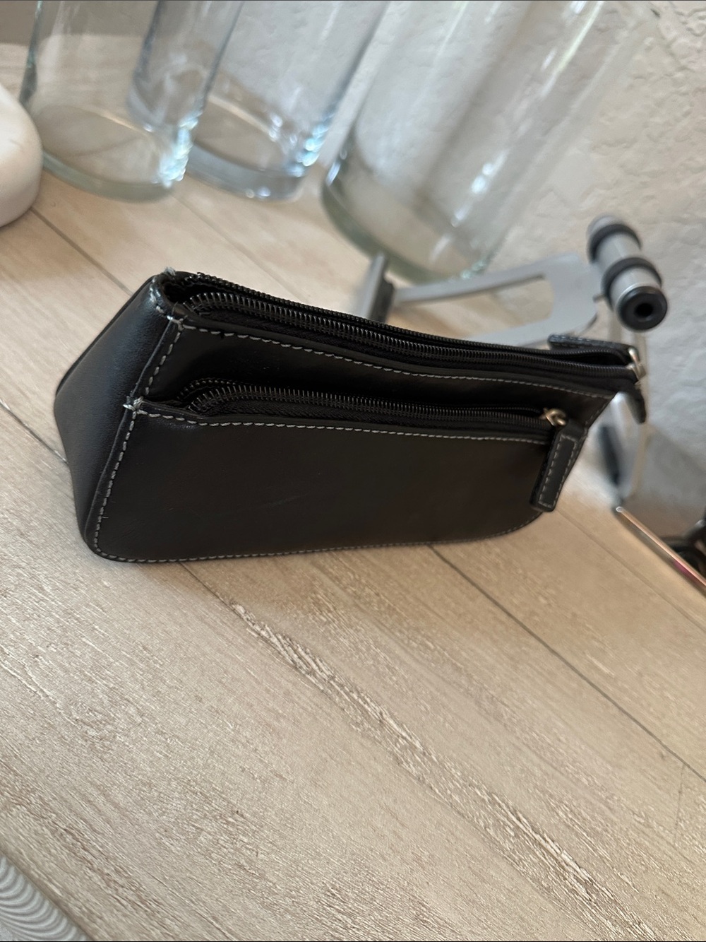 Levenger Black Leather Dual-Zip Cosmetic Pouch
